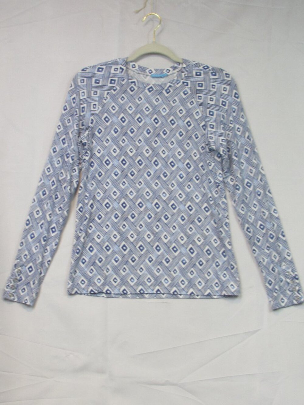 J. McLaughlin Top Size XS Blue White Geometric Modal Spandex Nautical Travel